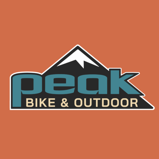 Peak Bike & Outdoor logo with a mountain icon above the word “peak” on a rust orange background.